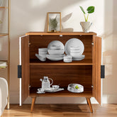 HAOYYE Bohemian Sideboard Storage Cabinet with White Pattern Carved MDF Door Panels Original Wood Melamine Body High Legs Modern Accent Buffet Cabinet for Living Room or Entryway